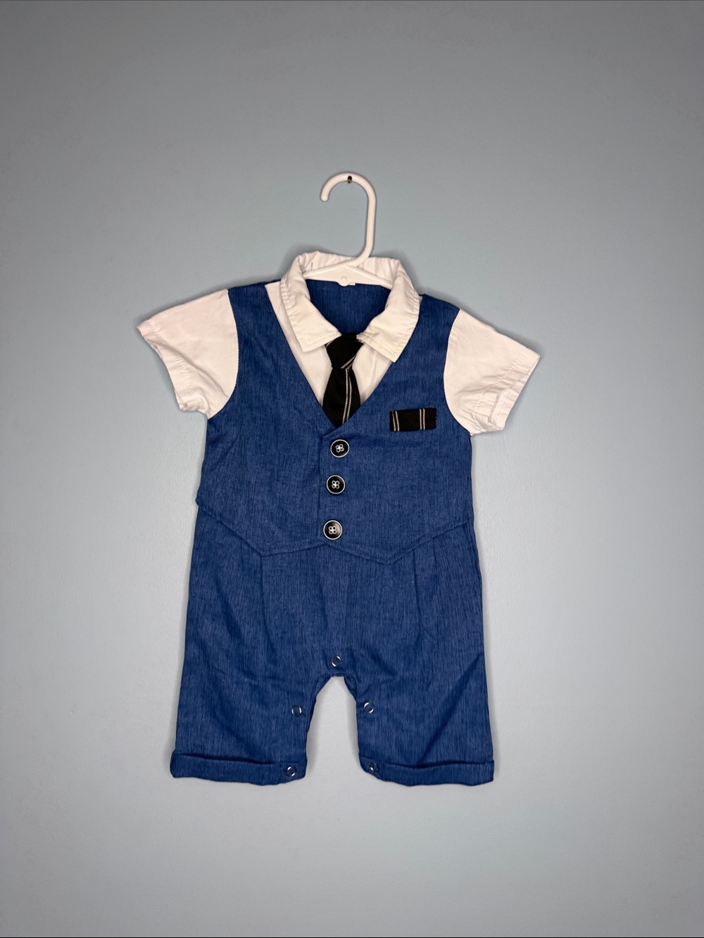 Baby Boy Blue Faux Vest Romper with White Shirt and Tie